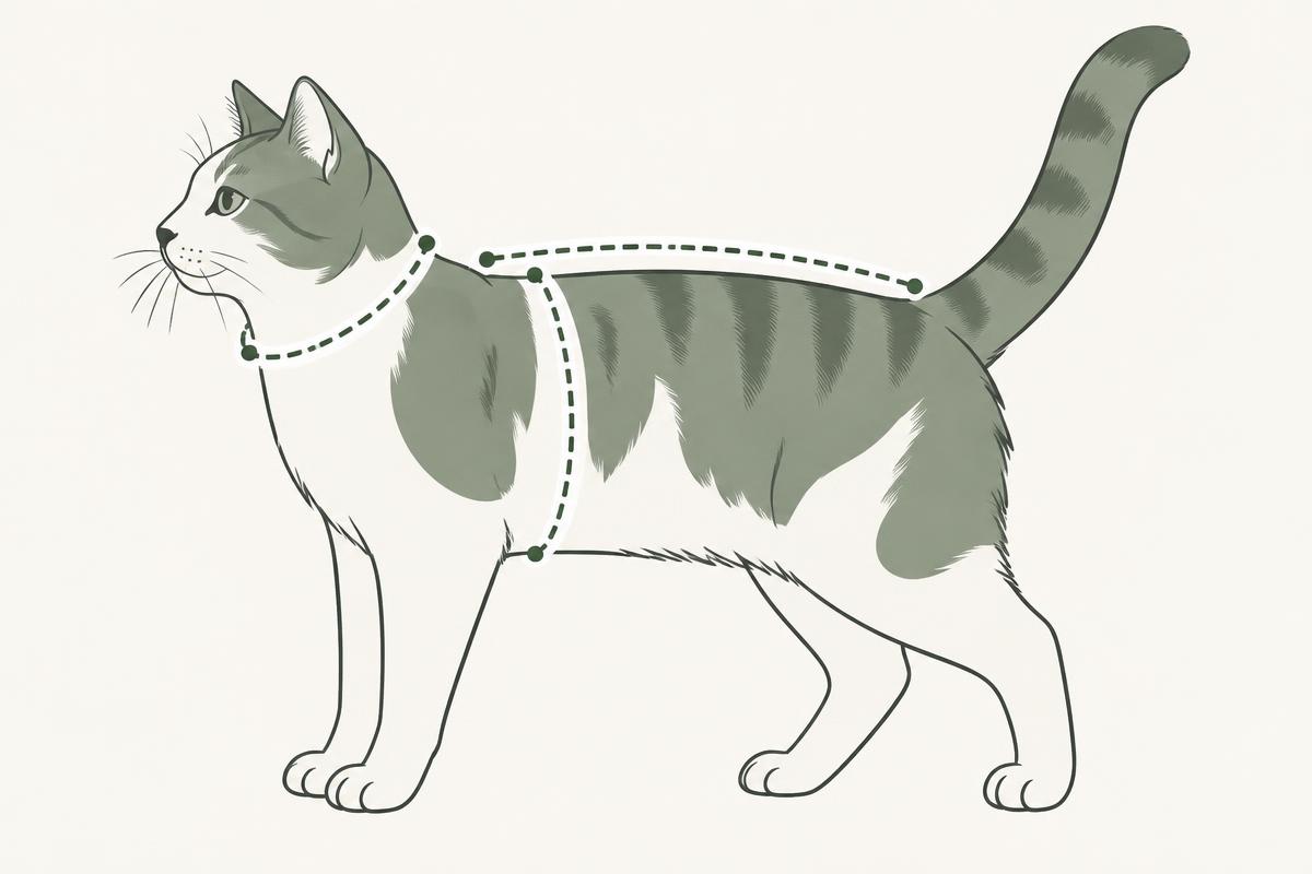 Illustration av en katt med rygglängd, bröstomfång och halsomkrets markerade